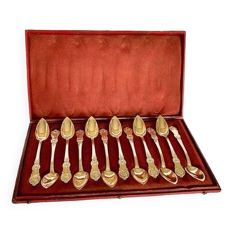 12 silver-gilt mocha spoons, with its case