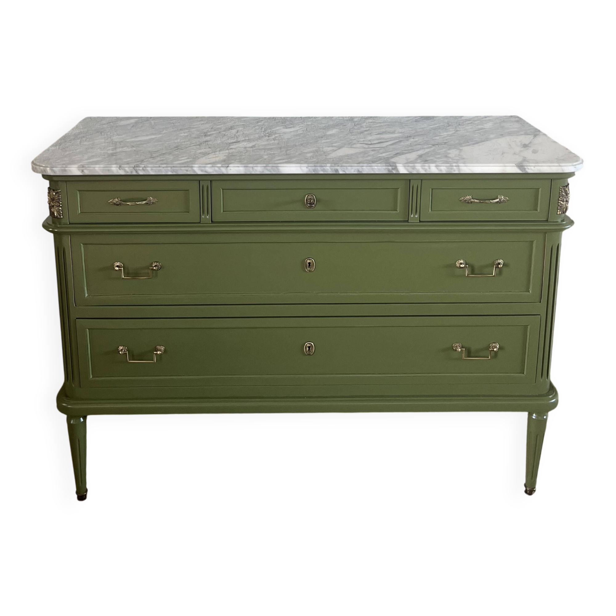Louis XVI style olive green commode with marble.