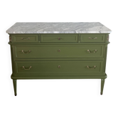 Louis XVI style olive green commode with marble.