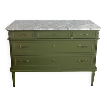 Louis XVI style olive green commode with marble.