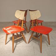 Set of 4 Ton (Thonet) red wooden chairs from the 1960s.