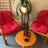 Duo of rattan armchairs with cushions