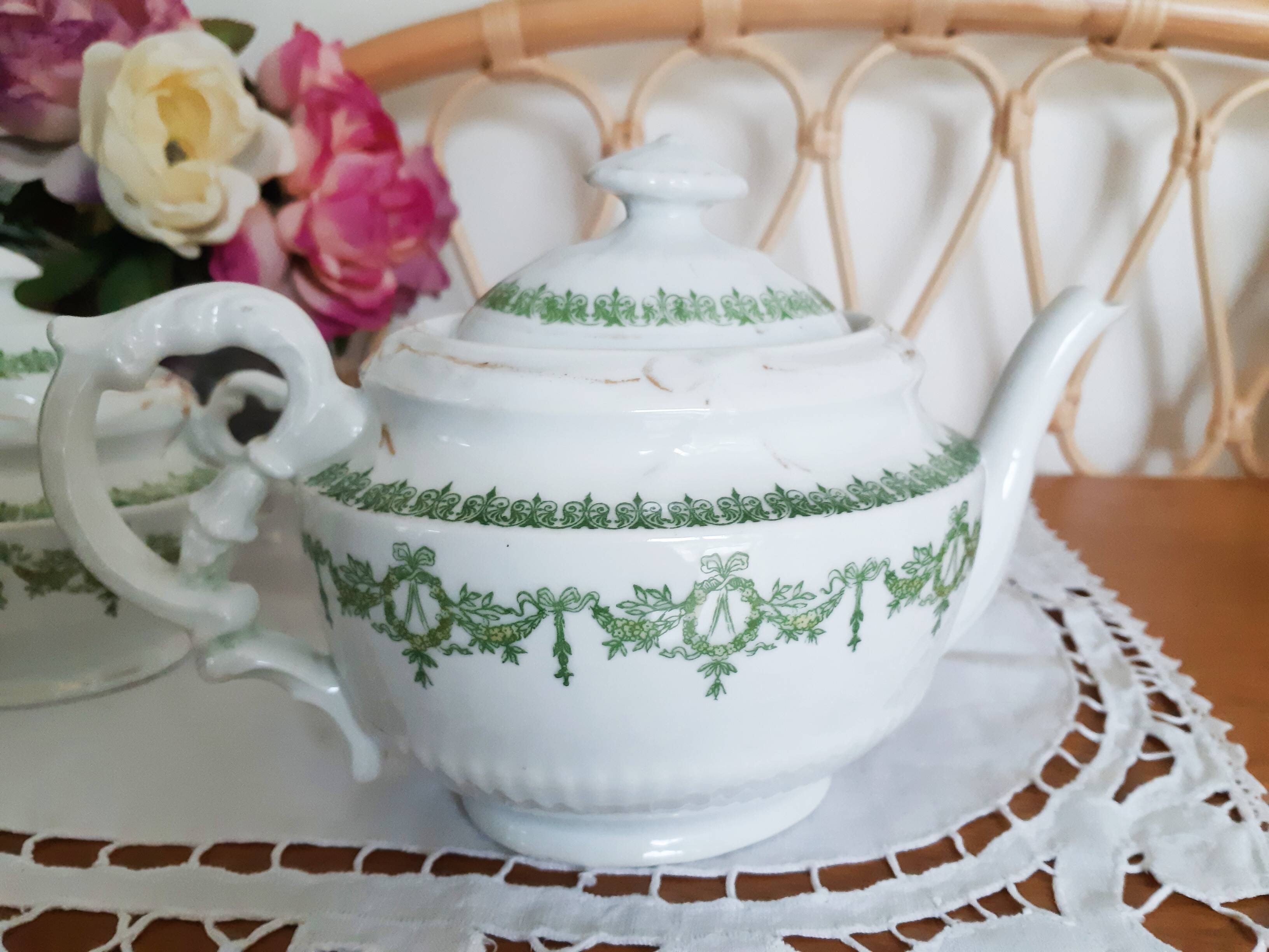 English porcelain tea set, green and gold, antique