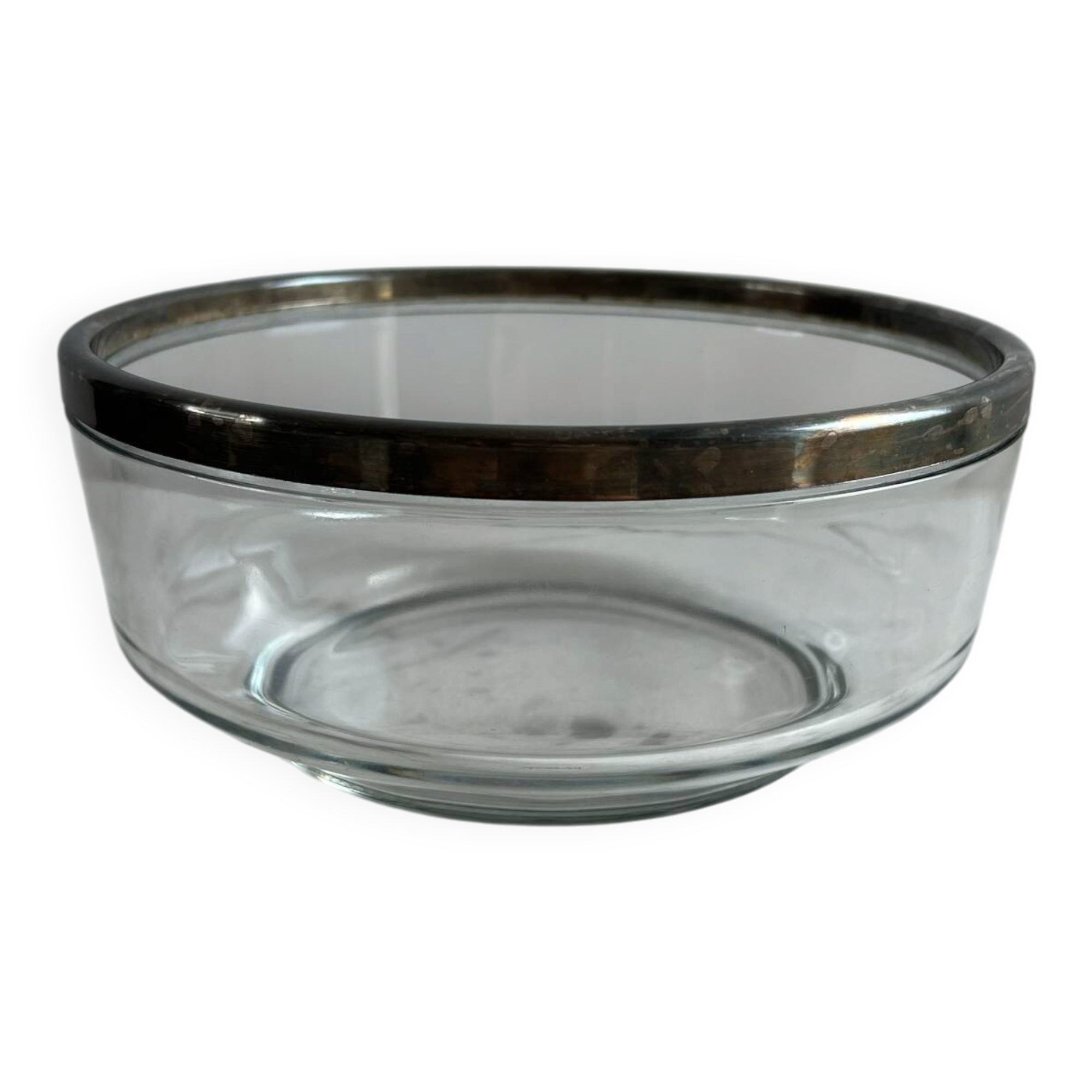 Glass and silver-plated metal salad bowl, silver rim.