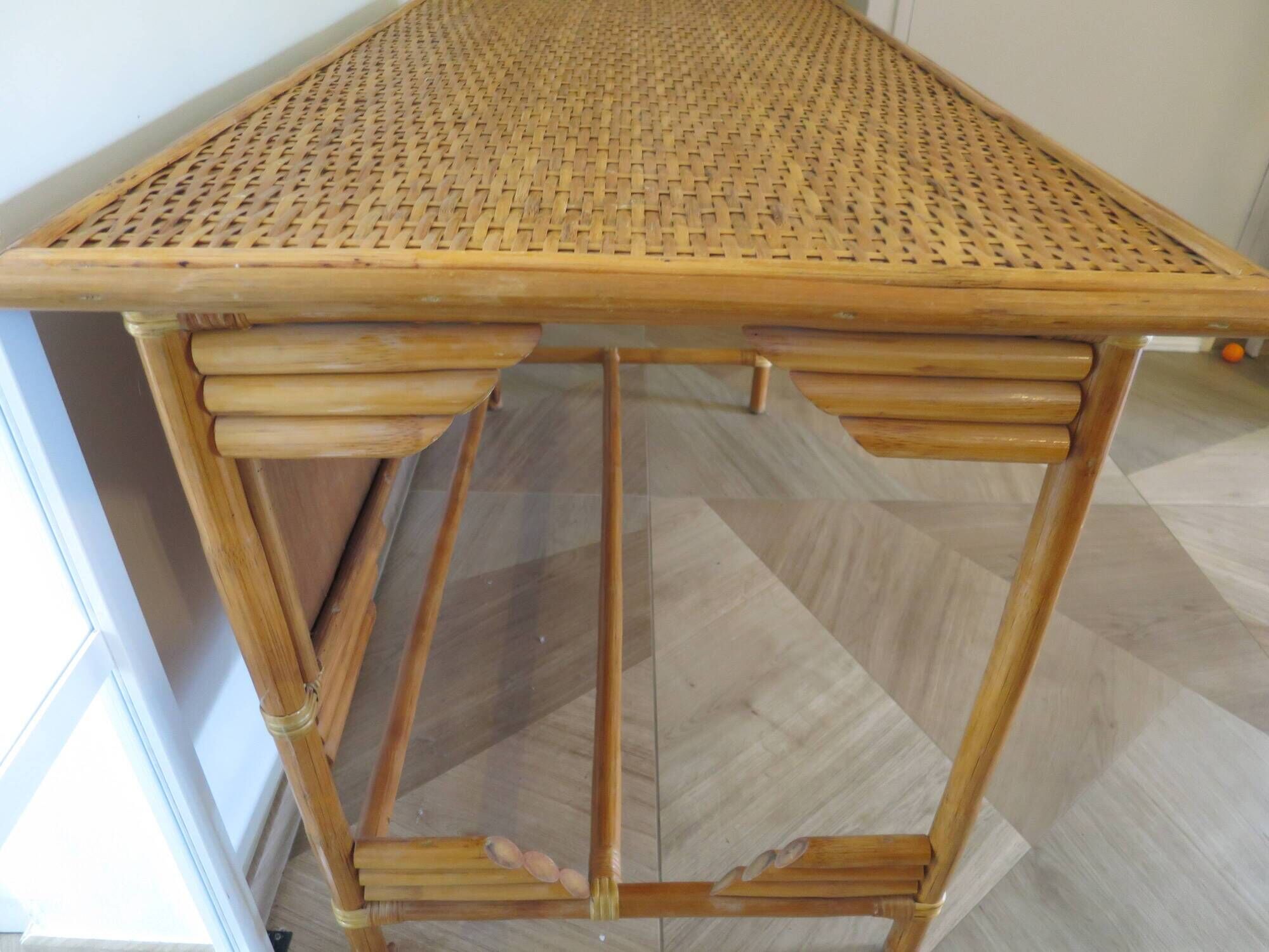 desk - wood-bamboo and woven wicker rattan - 2 drawers - large top - 80