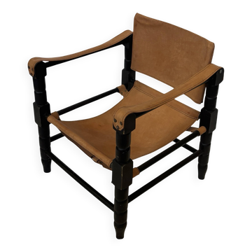 Fauteuil safari vintage en cuir et bois design des années 1960