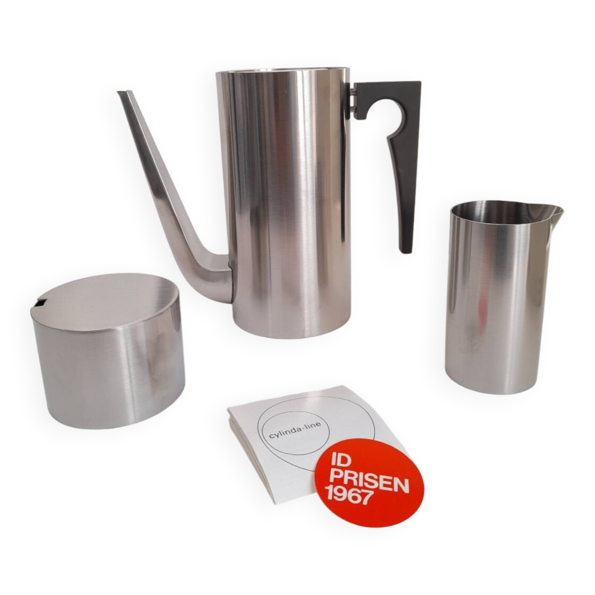 New 1968 Arne Jacobsen coffee pot, cream jug, and sugar bowl for Stelton.