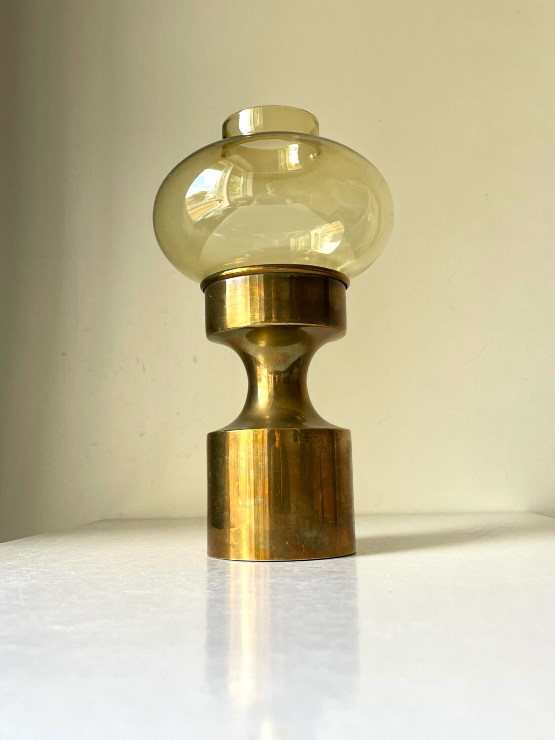 Danish design 1960 hurricane candleholder in brass and amber colored glass
