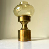 Danish design 1960 hurricane candleholder in brass and amber colored glass