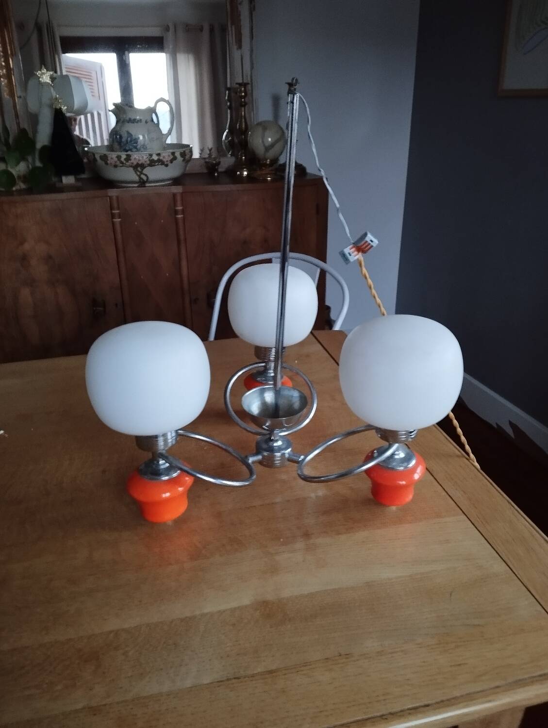 Space age chrome and ceramic chandelier