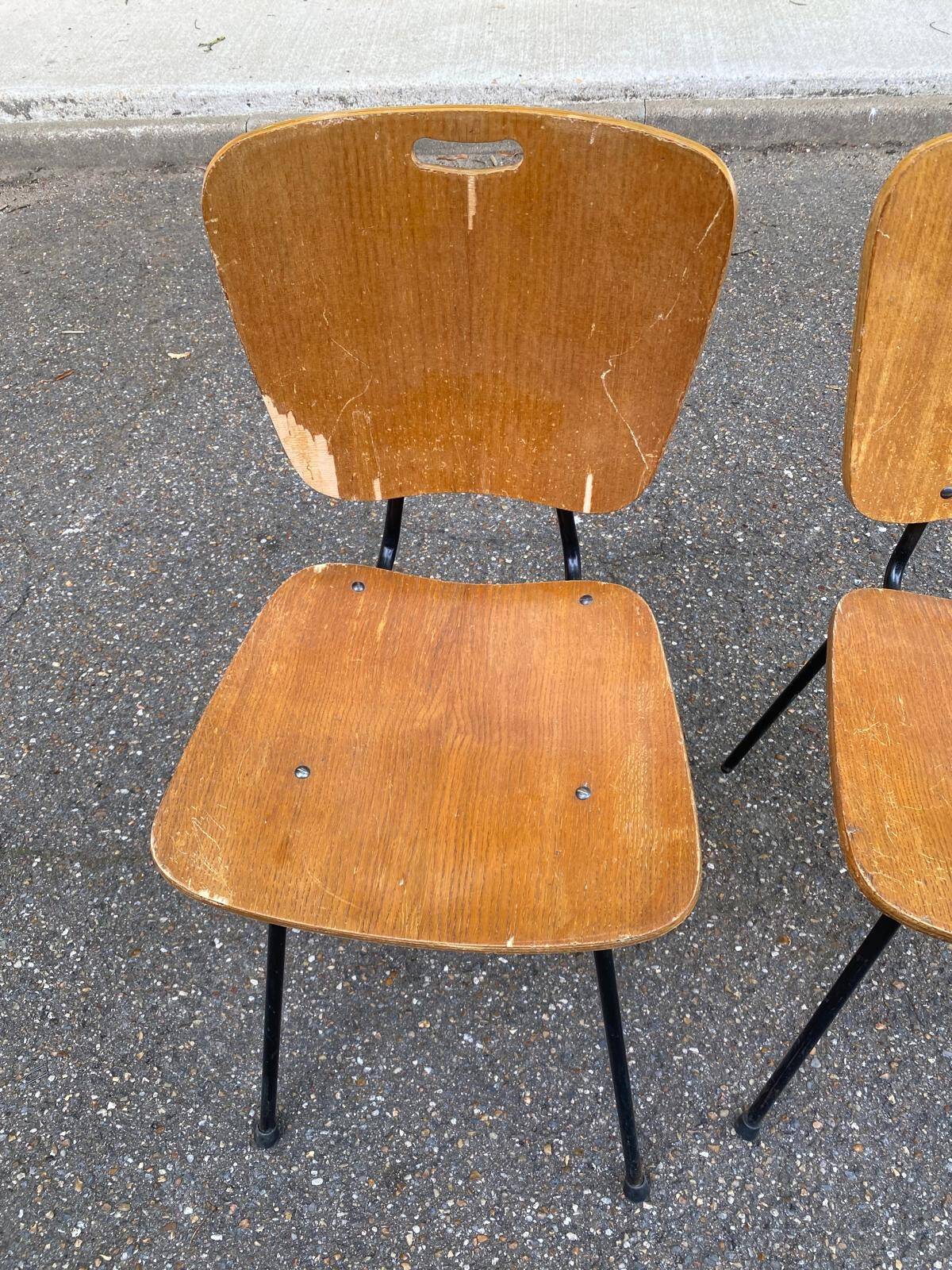 2 workshop chairs in wood and black steel, 1950s