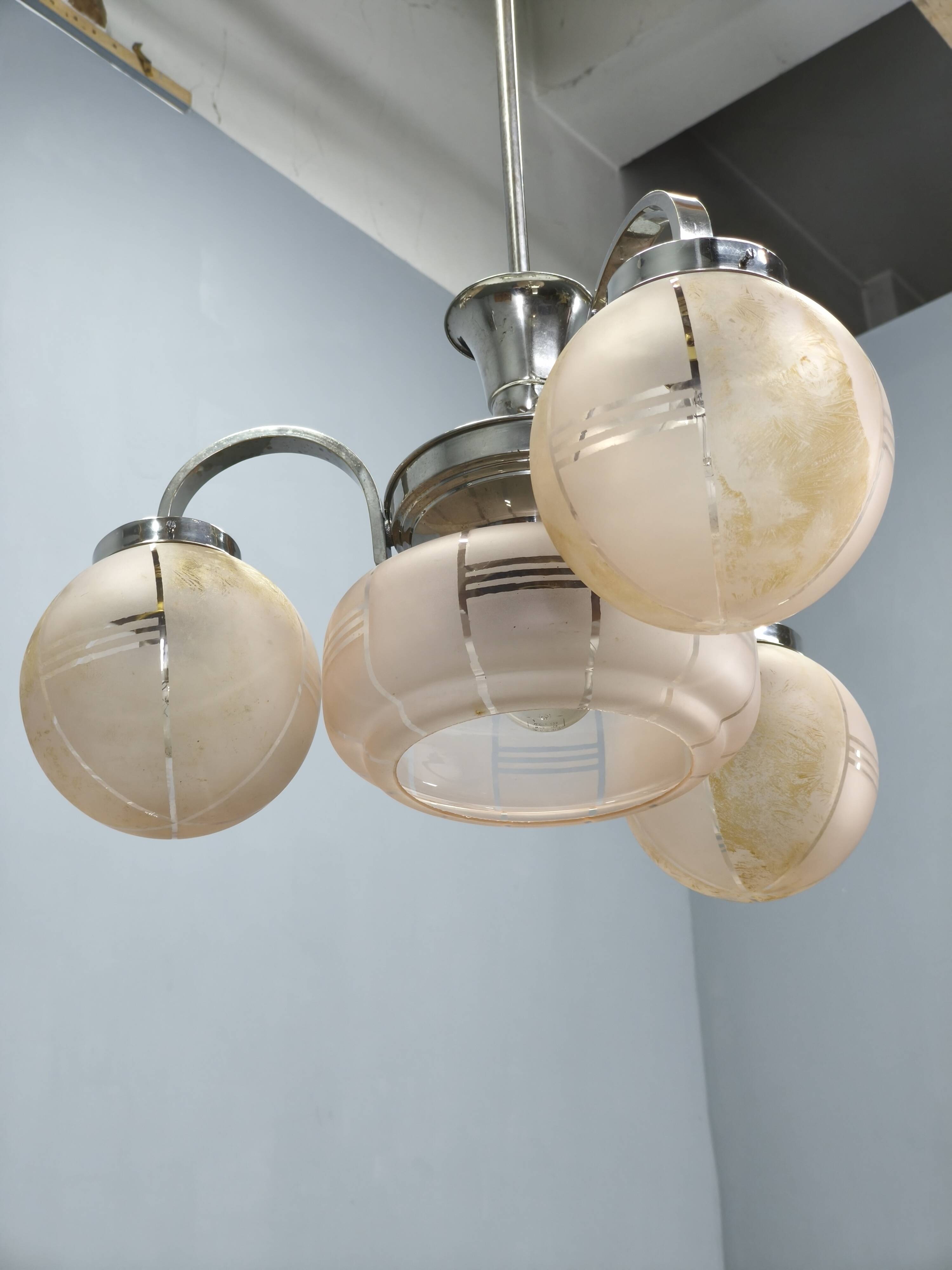 Art Deco Pink Glass Chandelier, Czechoslovakia, 1940s