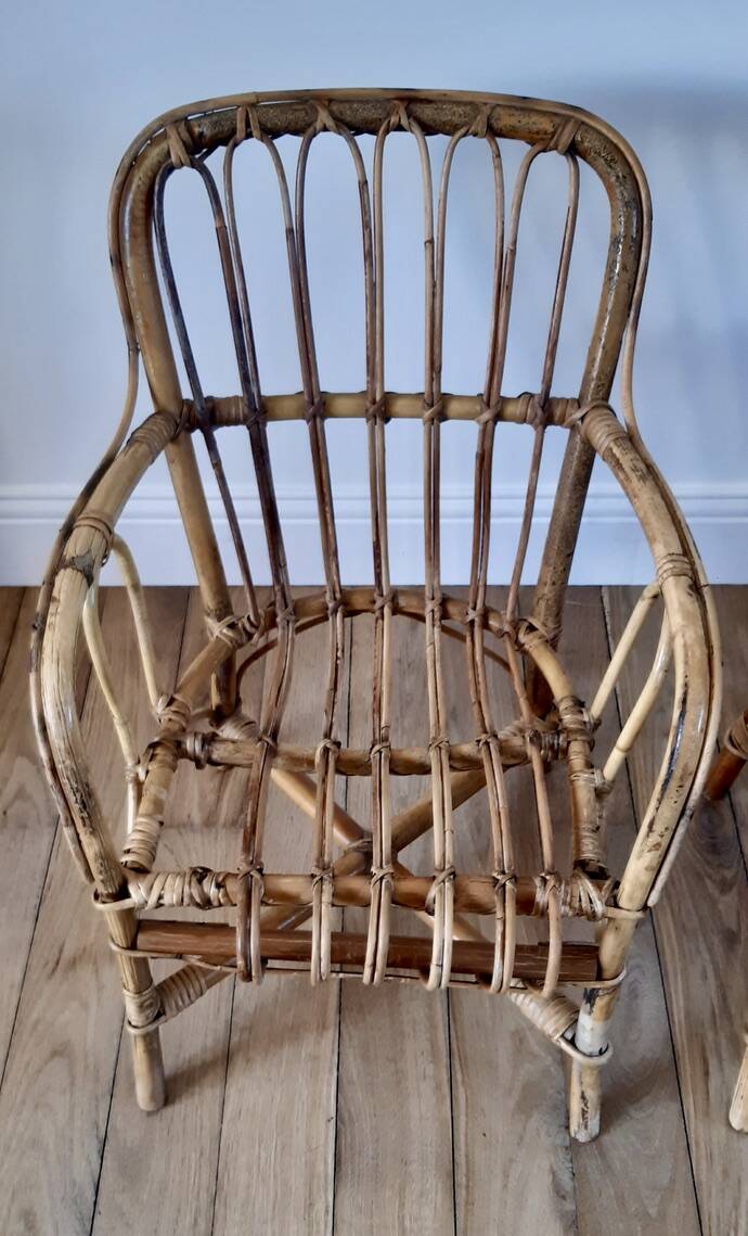 Pair of children's armchairs in rattan / bamboo honey color 60s