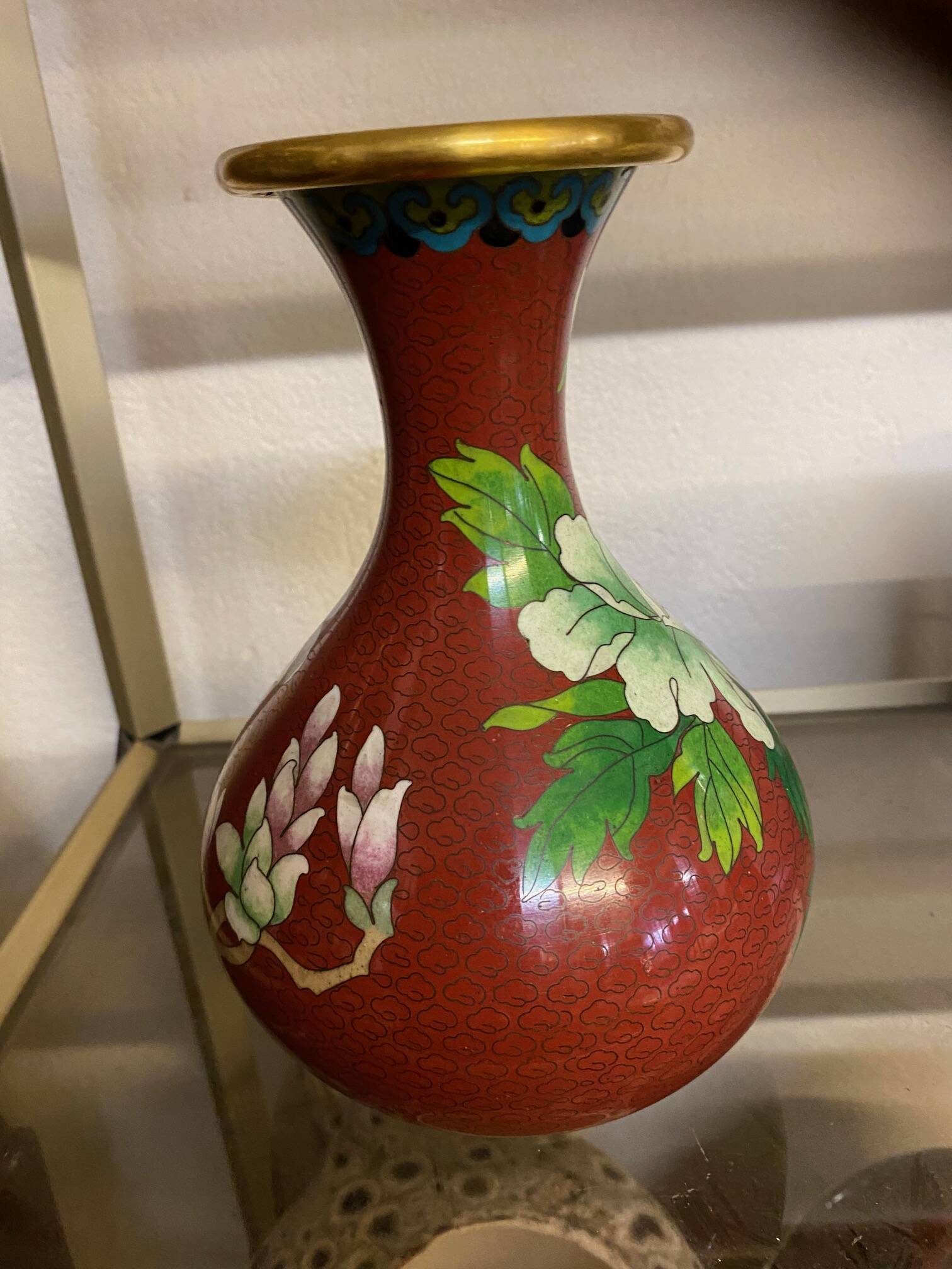 CLOISONNE VASE WITH LOTUS FLOWERS DECOR IN BURGUNDY TONES