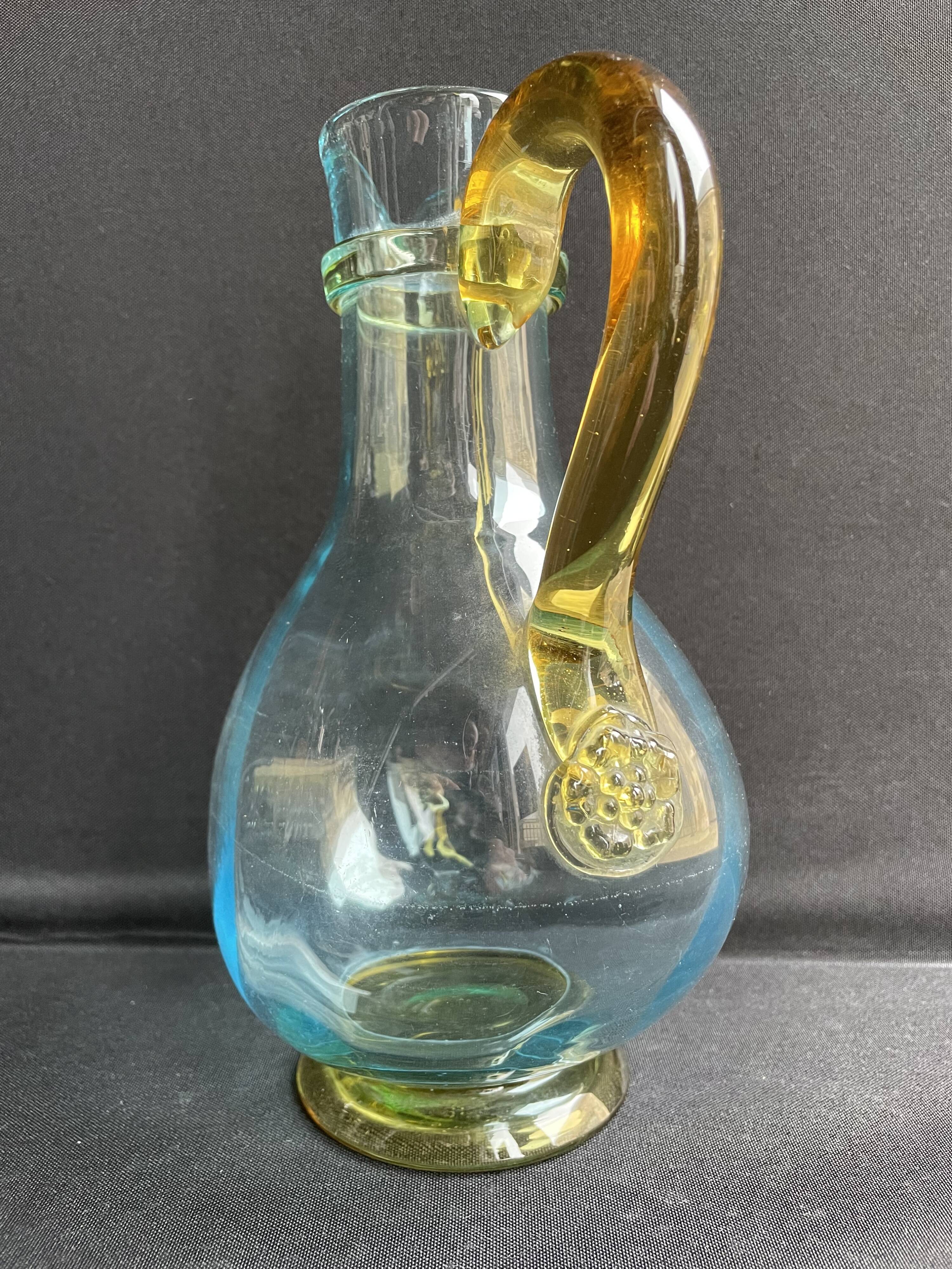 Glassware-crystallery of Portieux - 1 broc and 2 glasses - Napoleon III - Colored blown glass - G