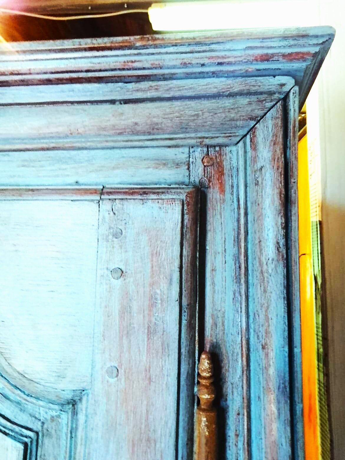 End 18th century wardrobe provençale all solid oak patinated blue by artisan cabinetmaker