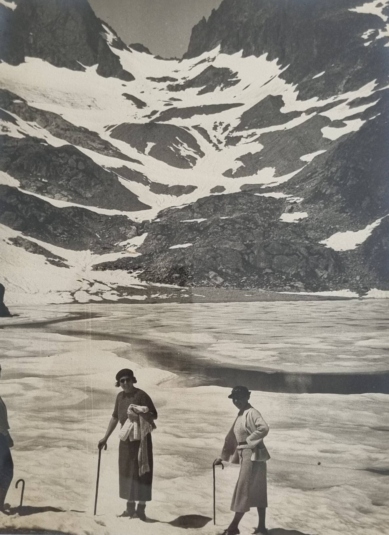 Framed photograph of walkers on the glacier, print by André Banon, 1930.