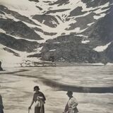 Framed photograph of walkers on the glacier, print by André Banon, 1930.