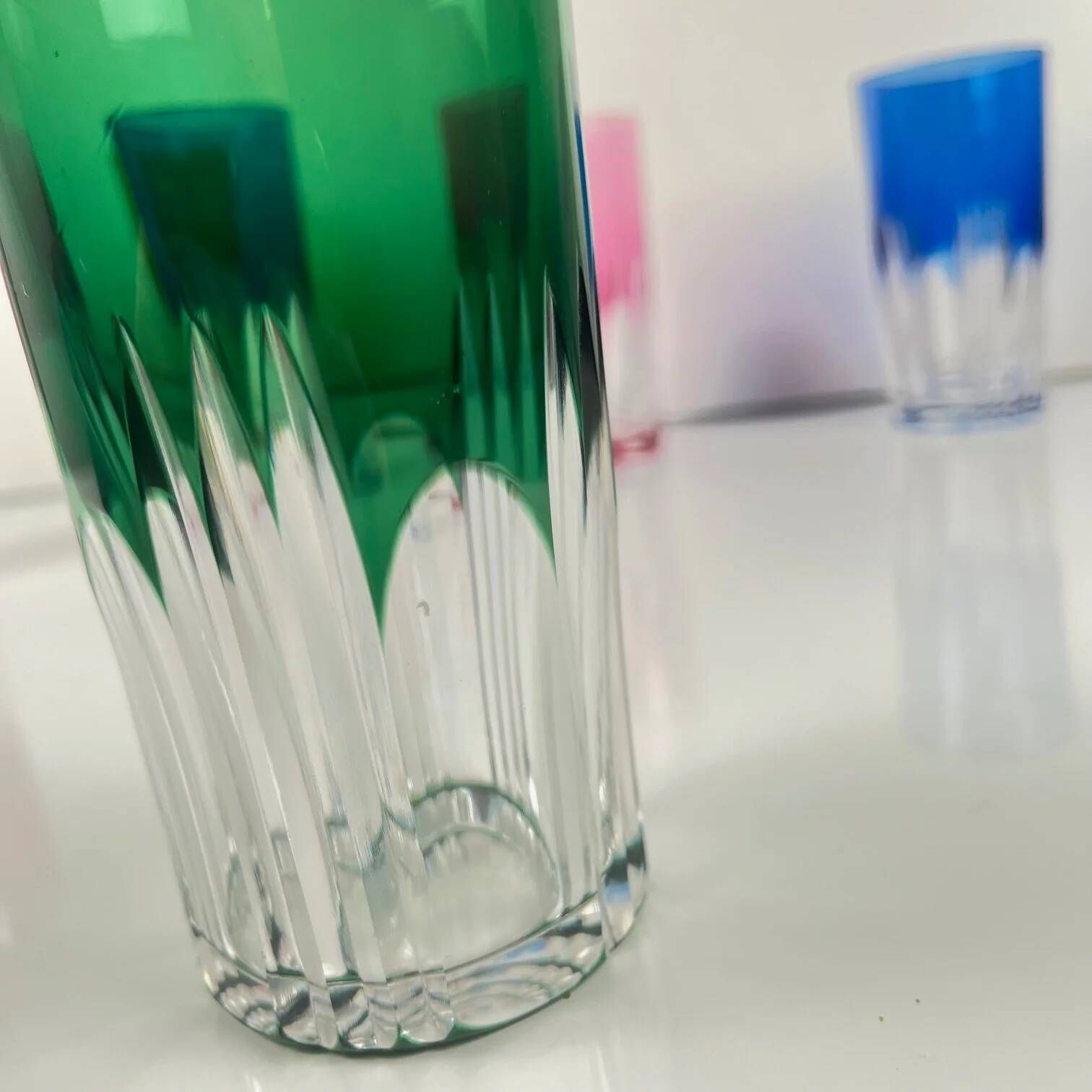 Set of 6 coloured double crystal long drink glasses, 1970s, Eastern Europe.
