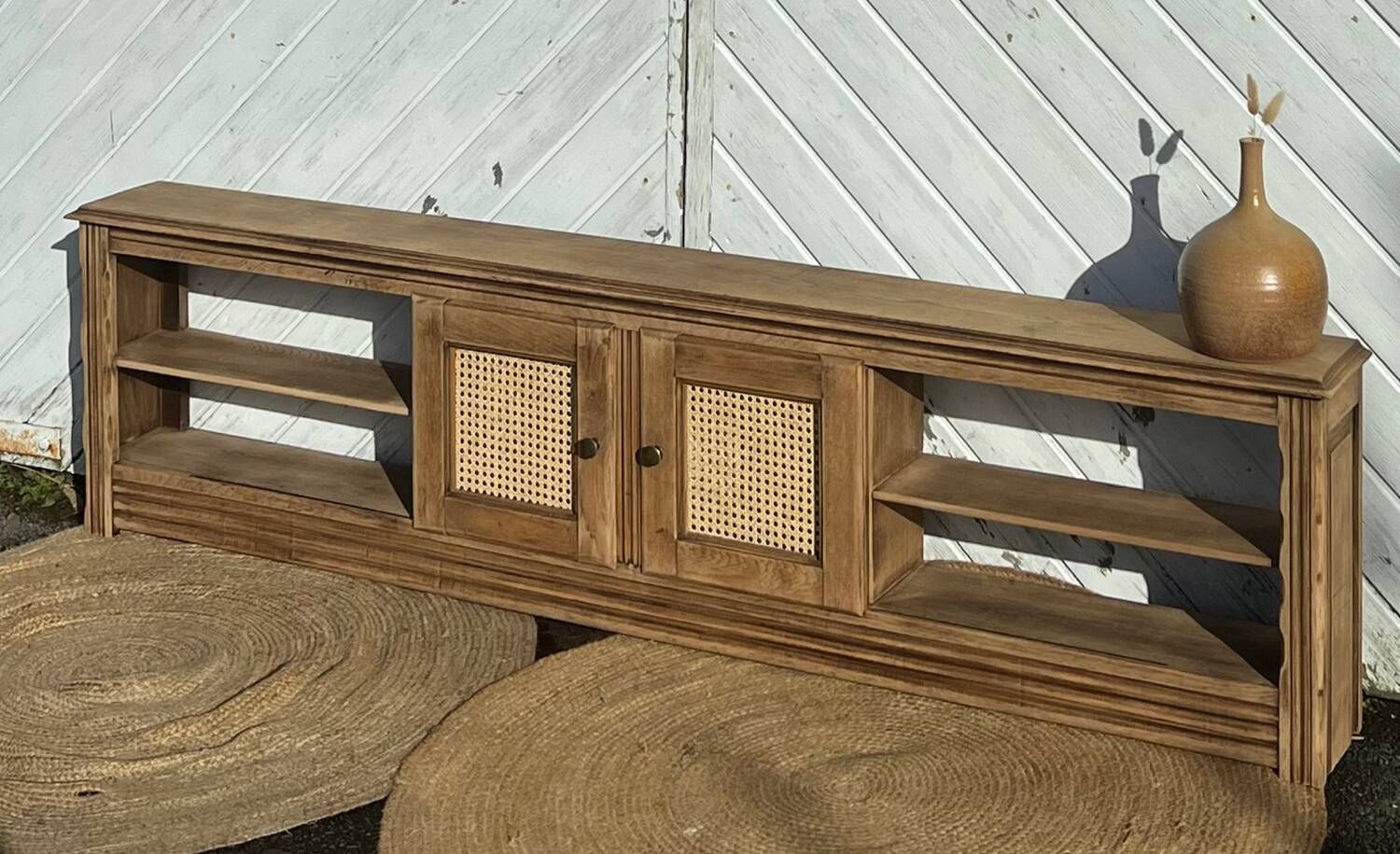 Vintage oak sideboard TV unit with raw finish and caning.