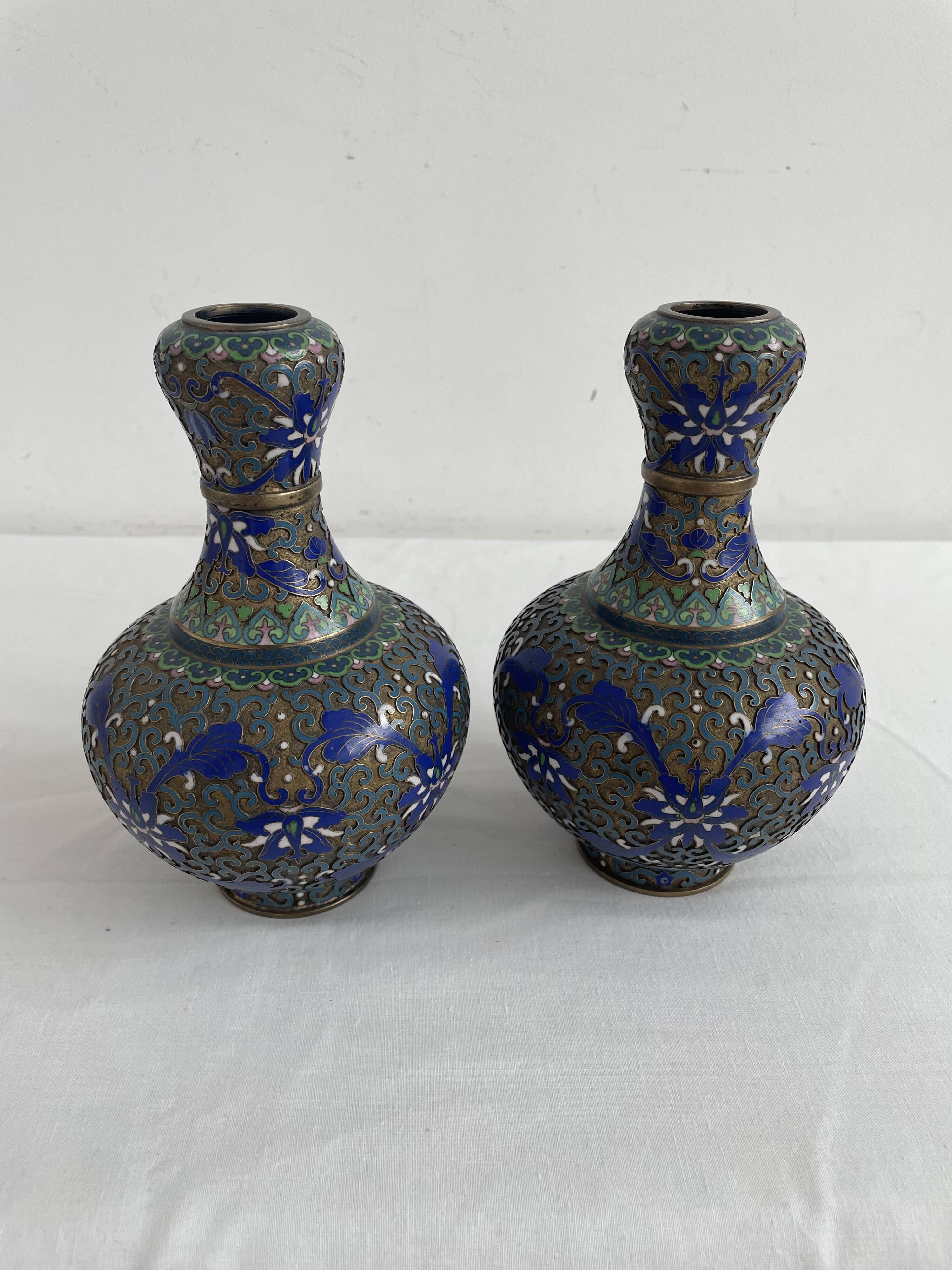 Vintage, pair of vases, Chinese, cloisonné metal, enameled, polychrome floral decor, golden hoop