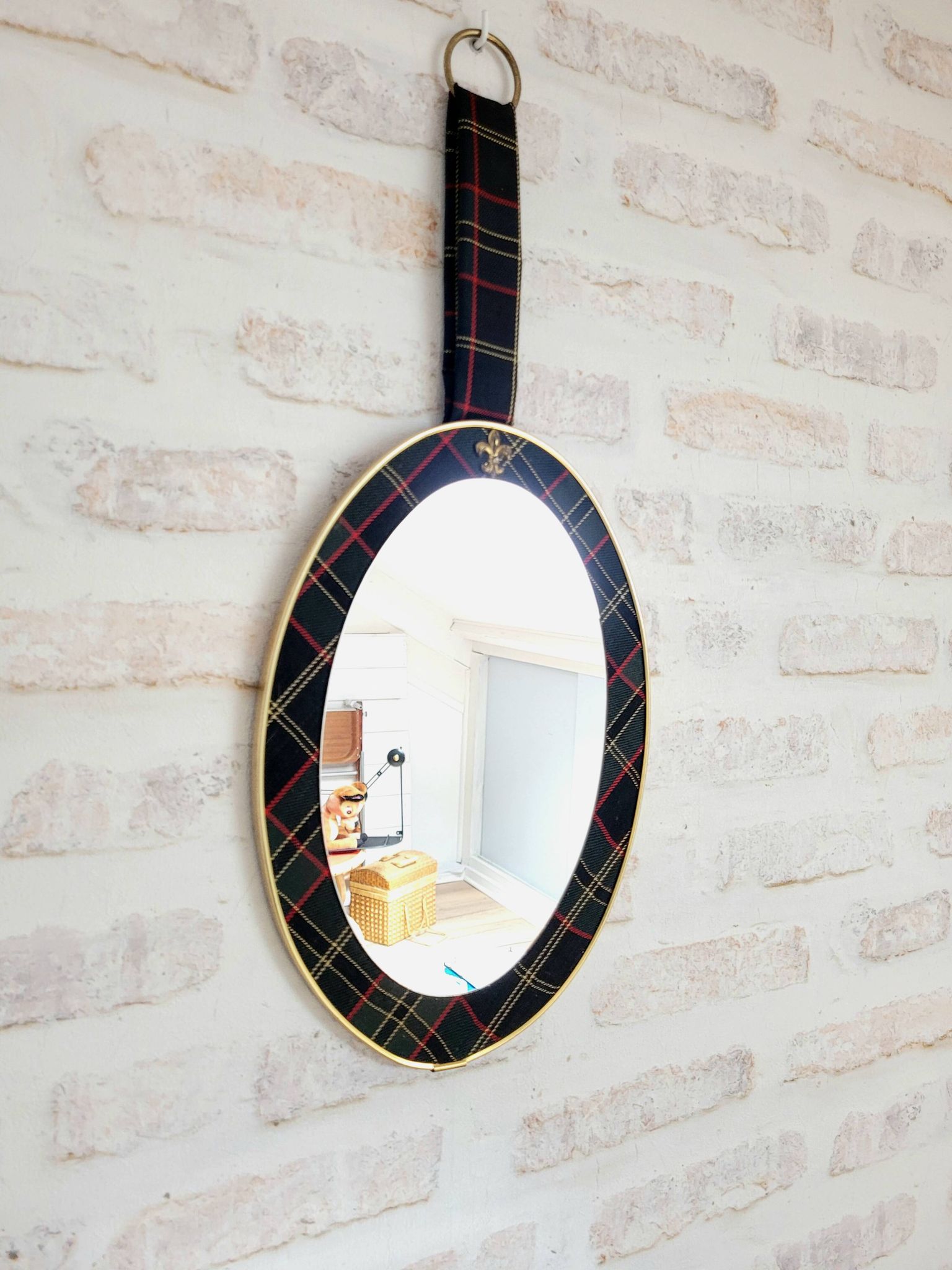 Miroir ovale vintage à décor de tartan