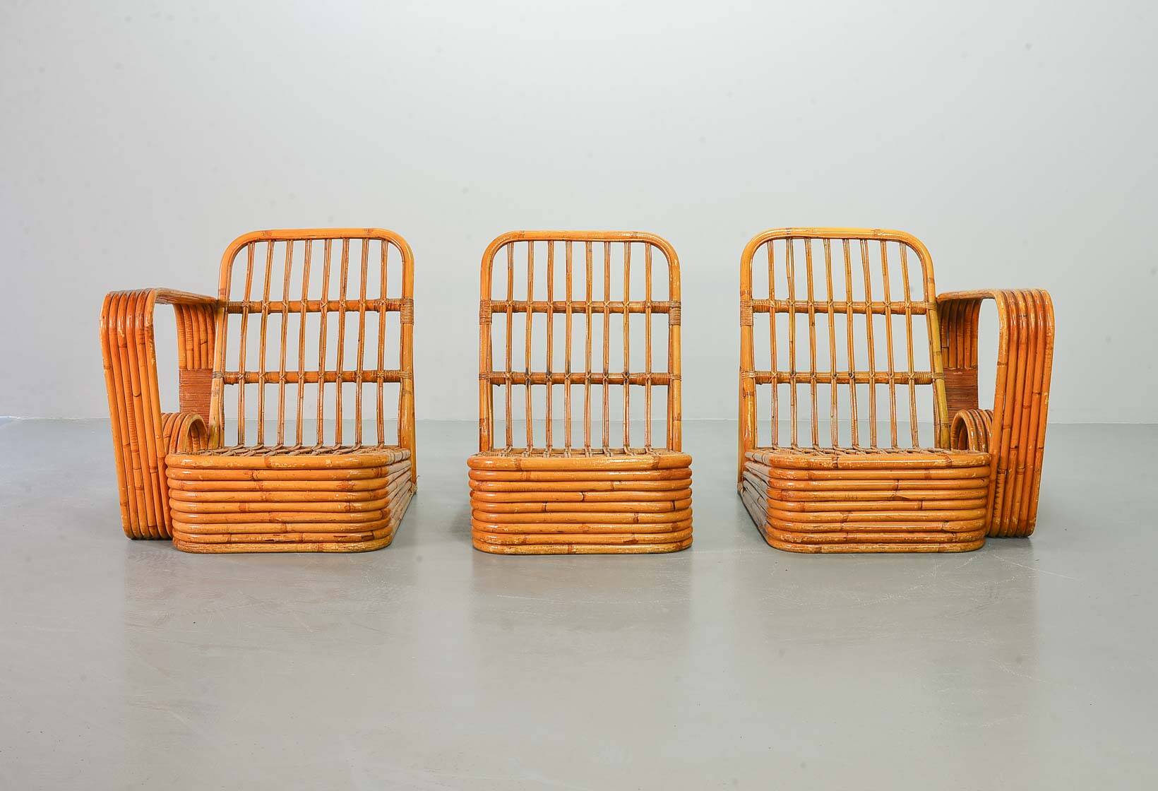 Exclusive Six Strand Rectangular Rattan 3-Seat Sofa after Paul Frankl, 50s