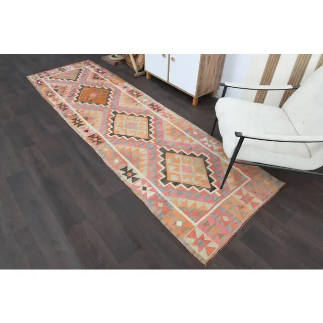 1970s Turkish Oushak Handmade Wool Cotton Pink Runner Rug 98x327