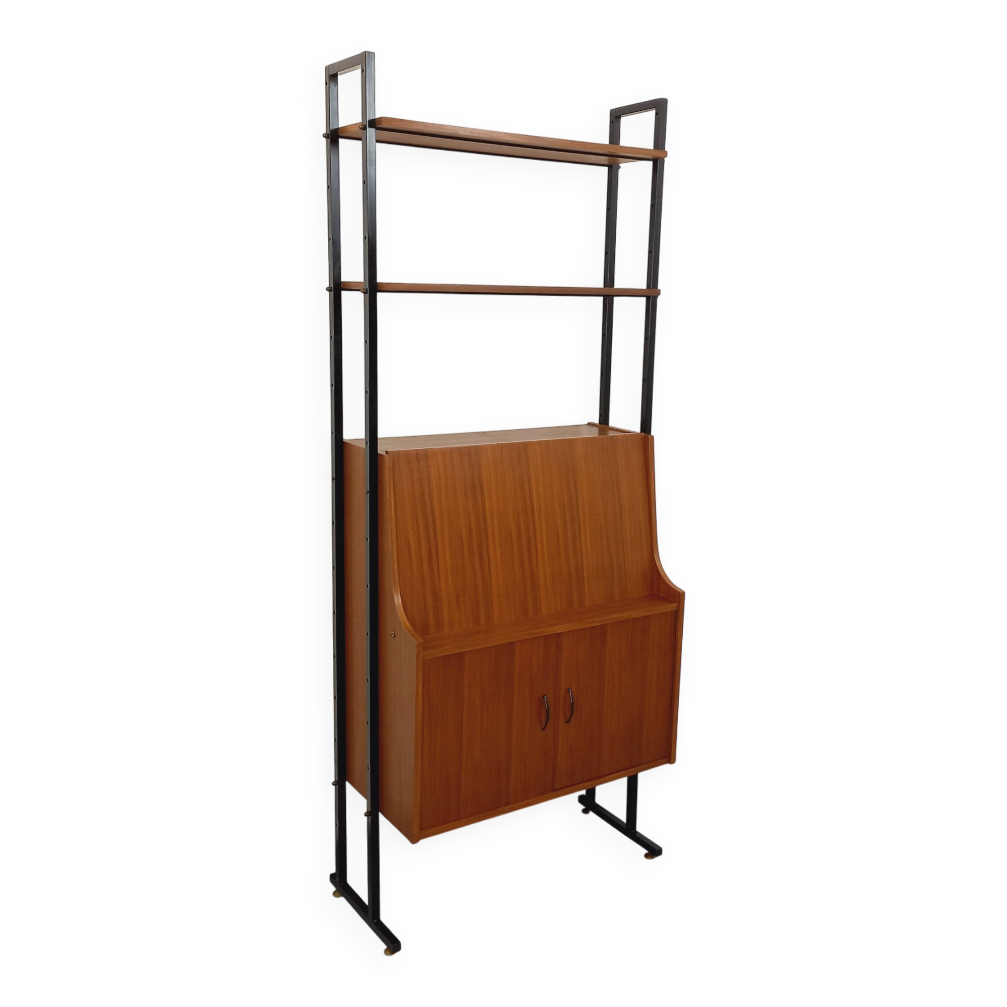 Vintage modular secretary bookshelf in teak and metal.