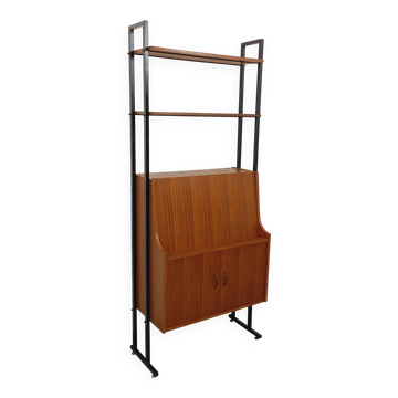 Vintage modular secretary bookshelf in teak and metal.
