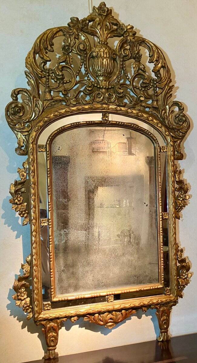 Large 19th Century French Giltwood Marriage Mirror Antique Overmantel Mirror with Original Mercury Foxed Glass