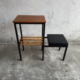 Mid-Century Teak and Black Metal Side Table with Wooden Slat Magazine Rack and Vinyl Seat