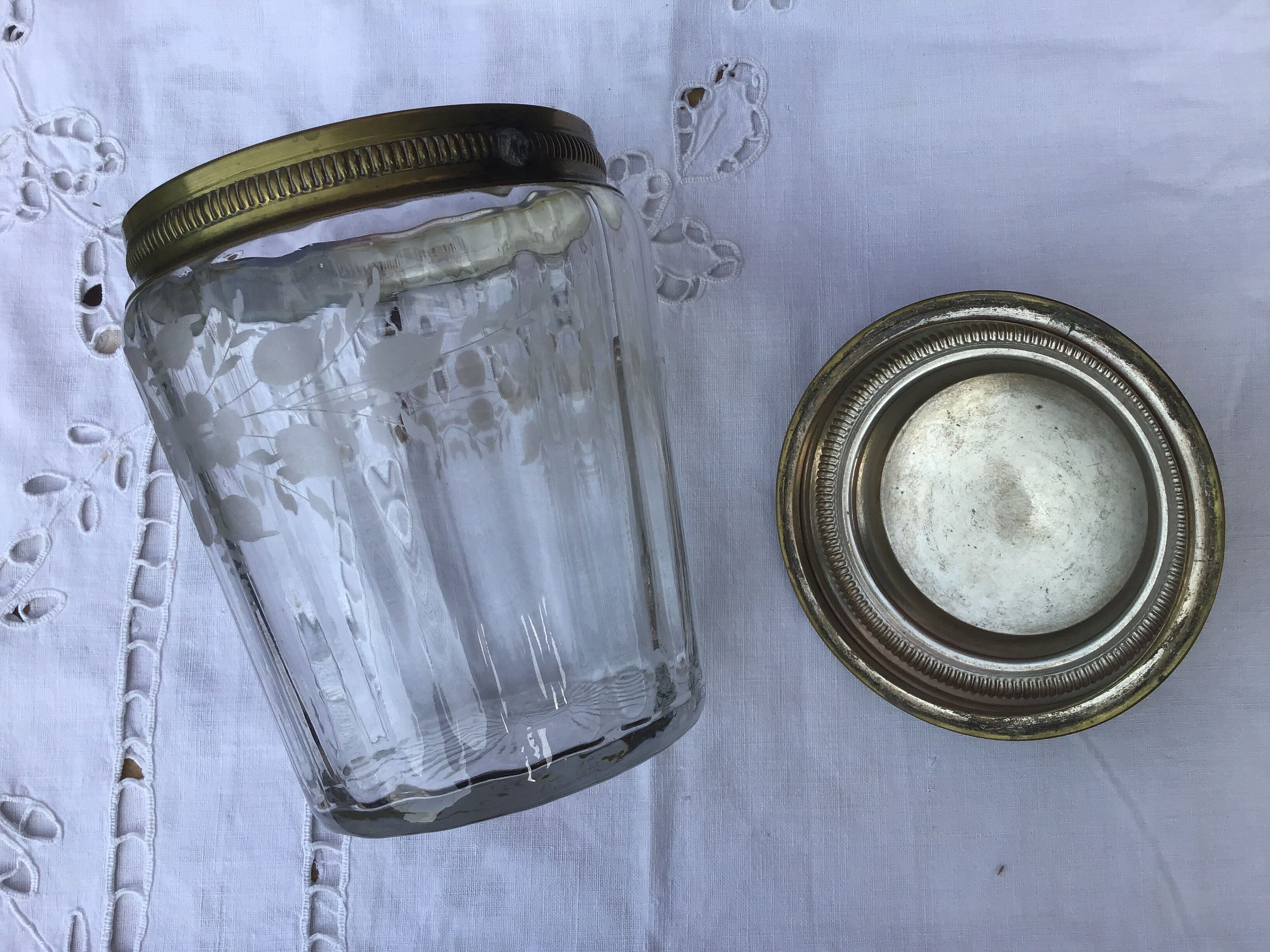 Glass cookie jar engraved metal frame brass
