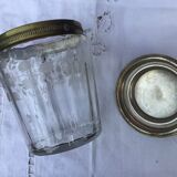 Glass cookie jar engraved metal frame brass