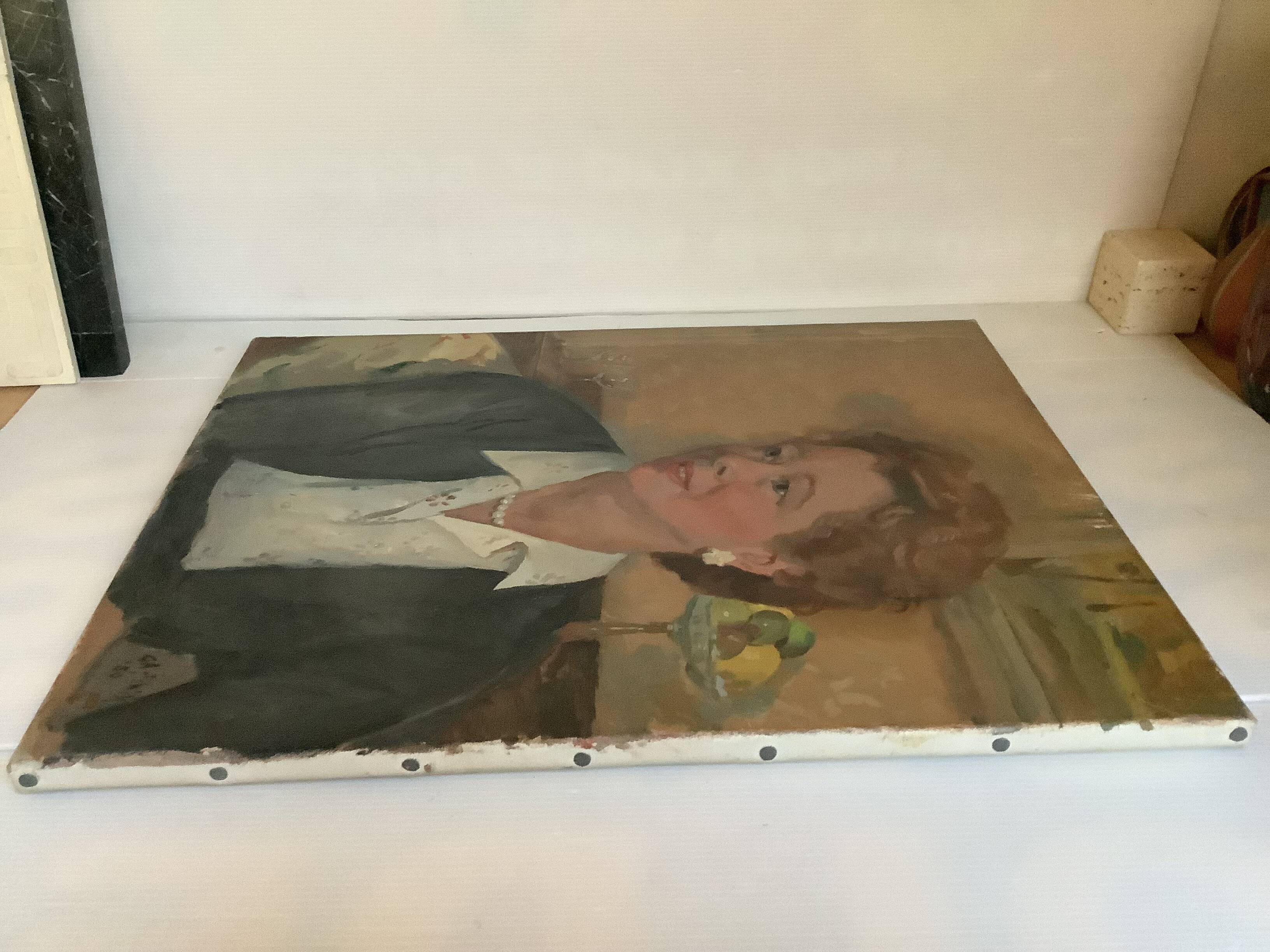 Large portrait painting of a woman, oil on canvas, signed.