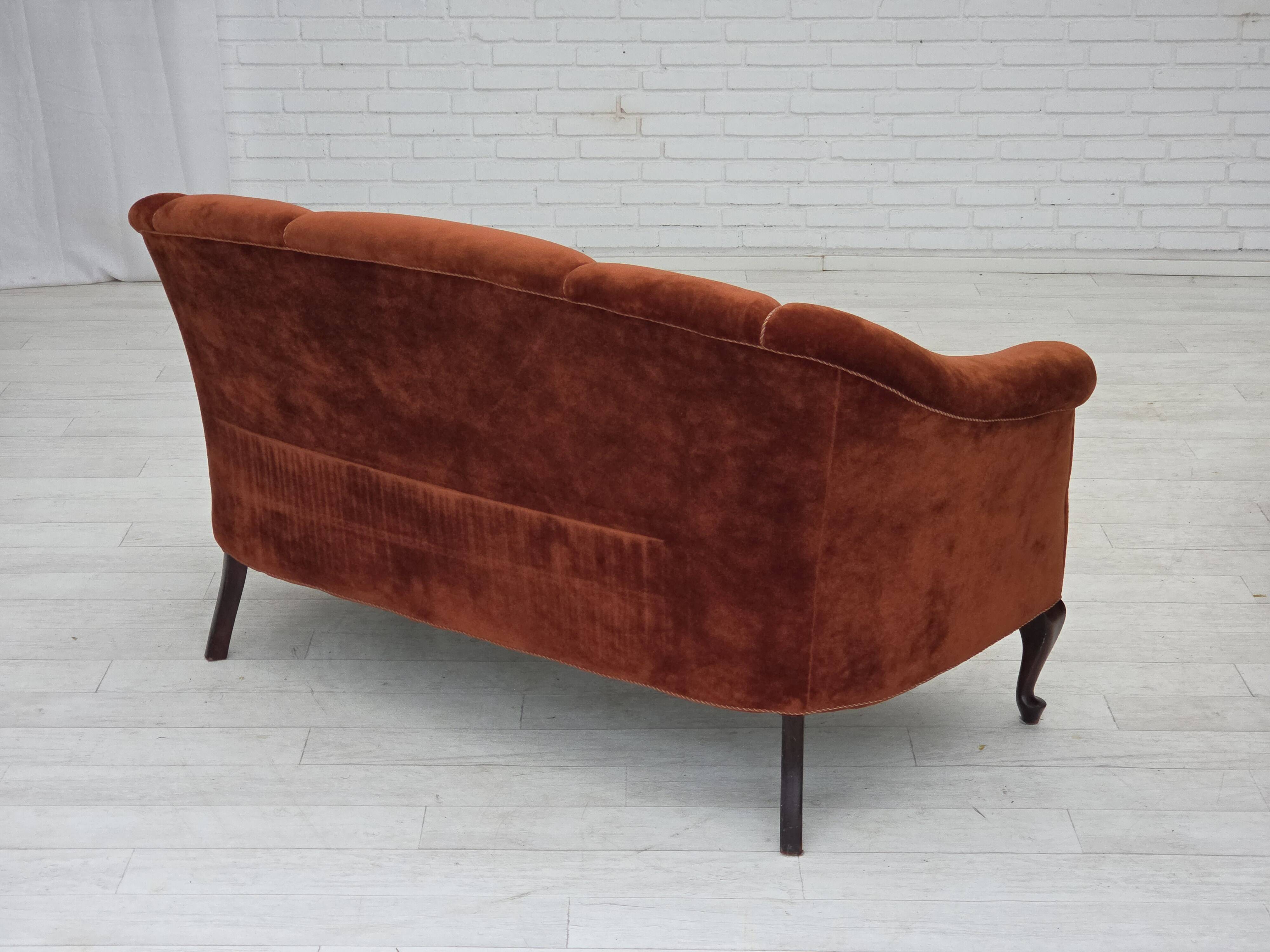 1950s, Danish 2-seater sofa, furniture velour, oak wood legs.