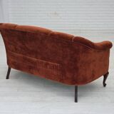 1950s, Danish 2-seater sofa, furniture velour, oak wood legs.