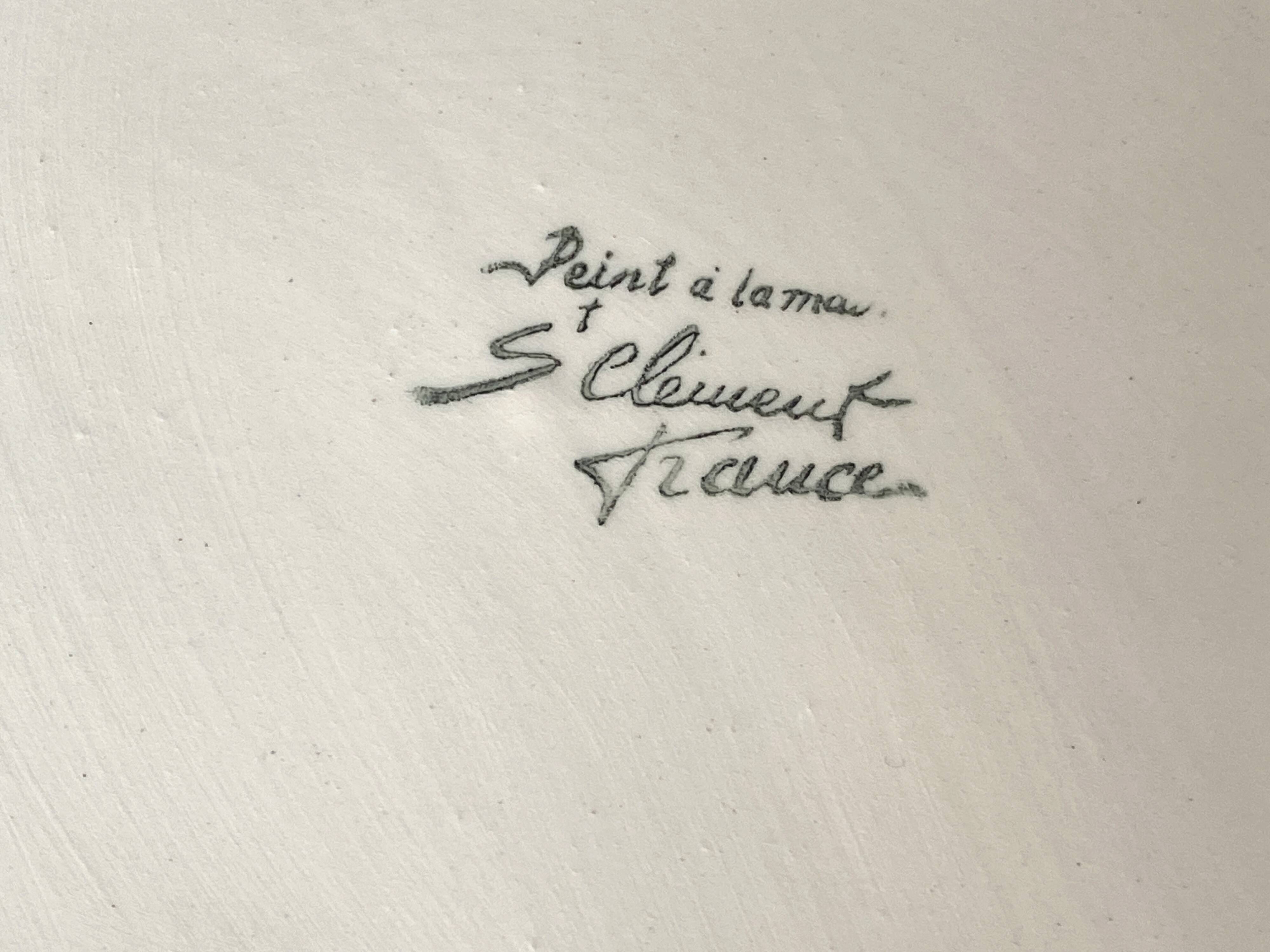 Vintage celadon green slipware plate with fruit decoration - Saint Clément