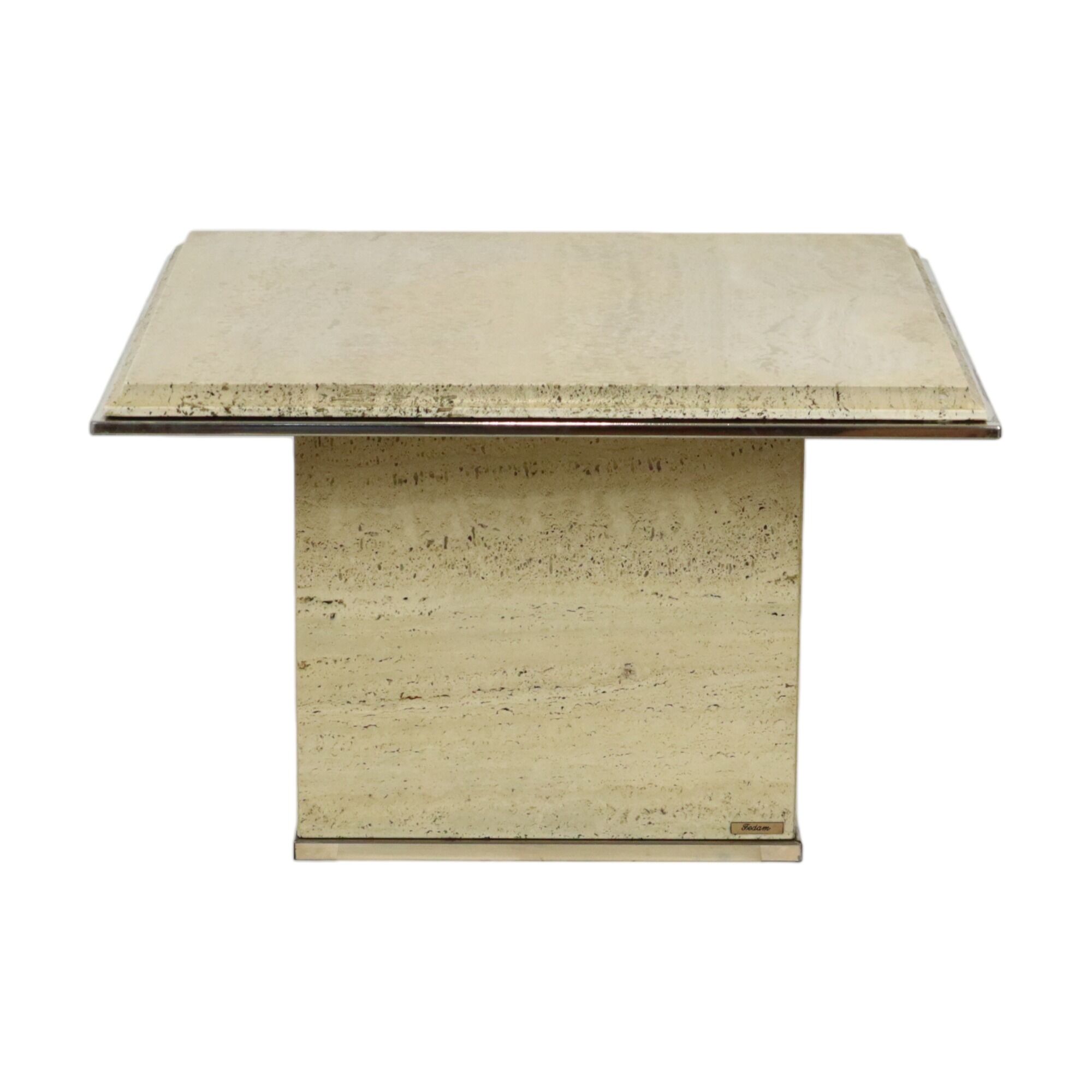 Vintage coffee table side table travertine chrome fedam belgium 1970s design