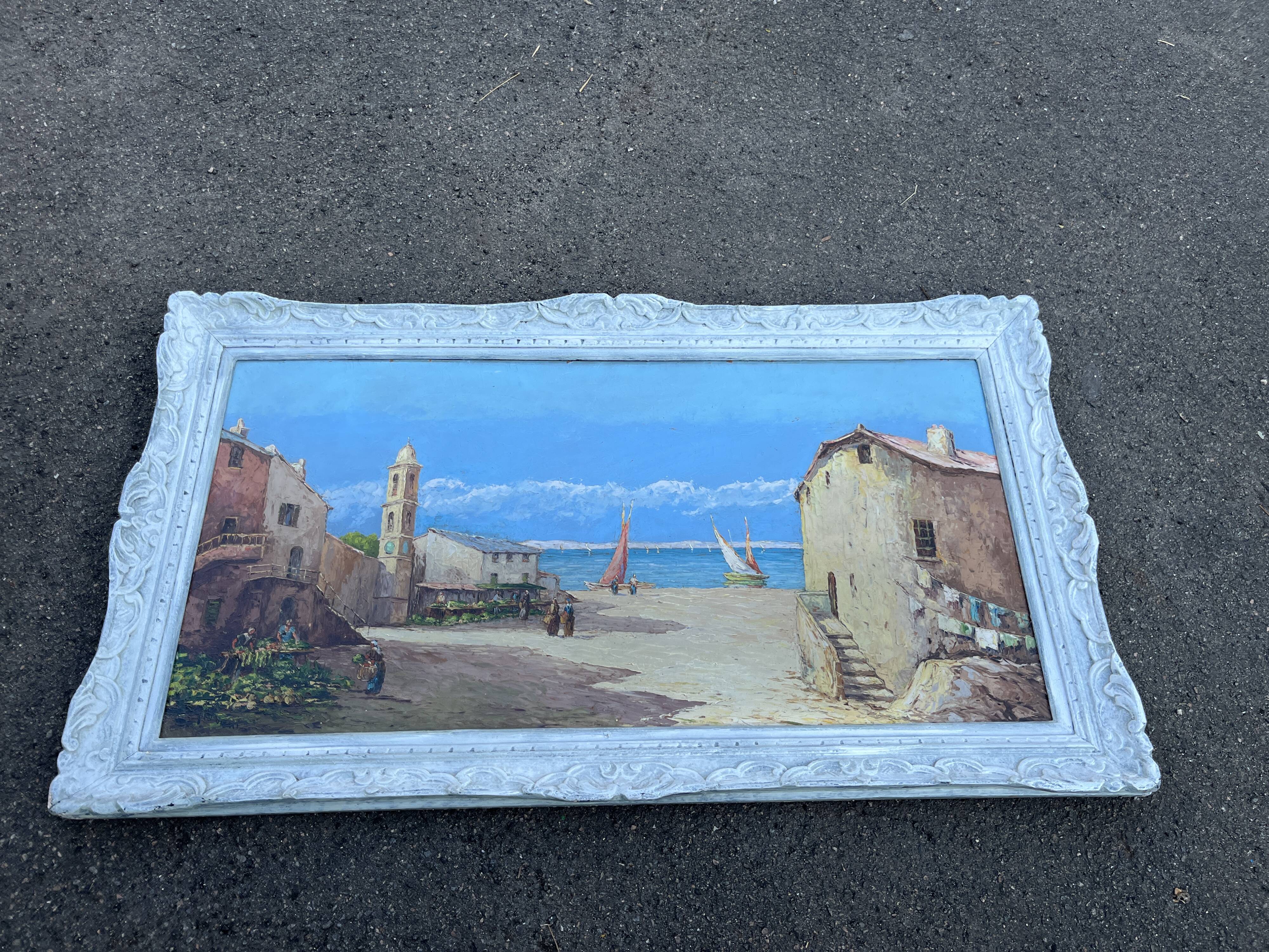 Ancient painting – Animated Mediterranean view – Port and sailing boats