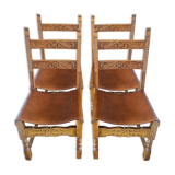 Lot of 4 old wooden and leather chairs