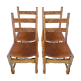 Lot de 4 chaises anciennes en bois et cuir