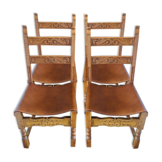 Lot of 4 old wooden and leather chairs