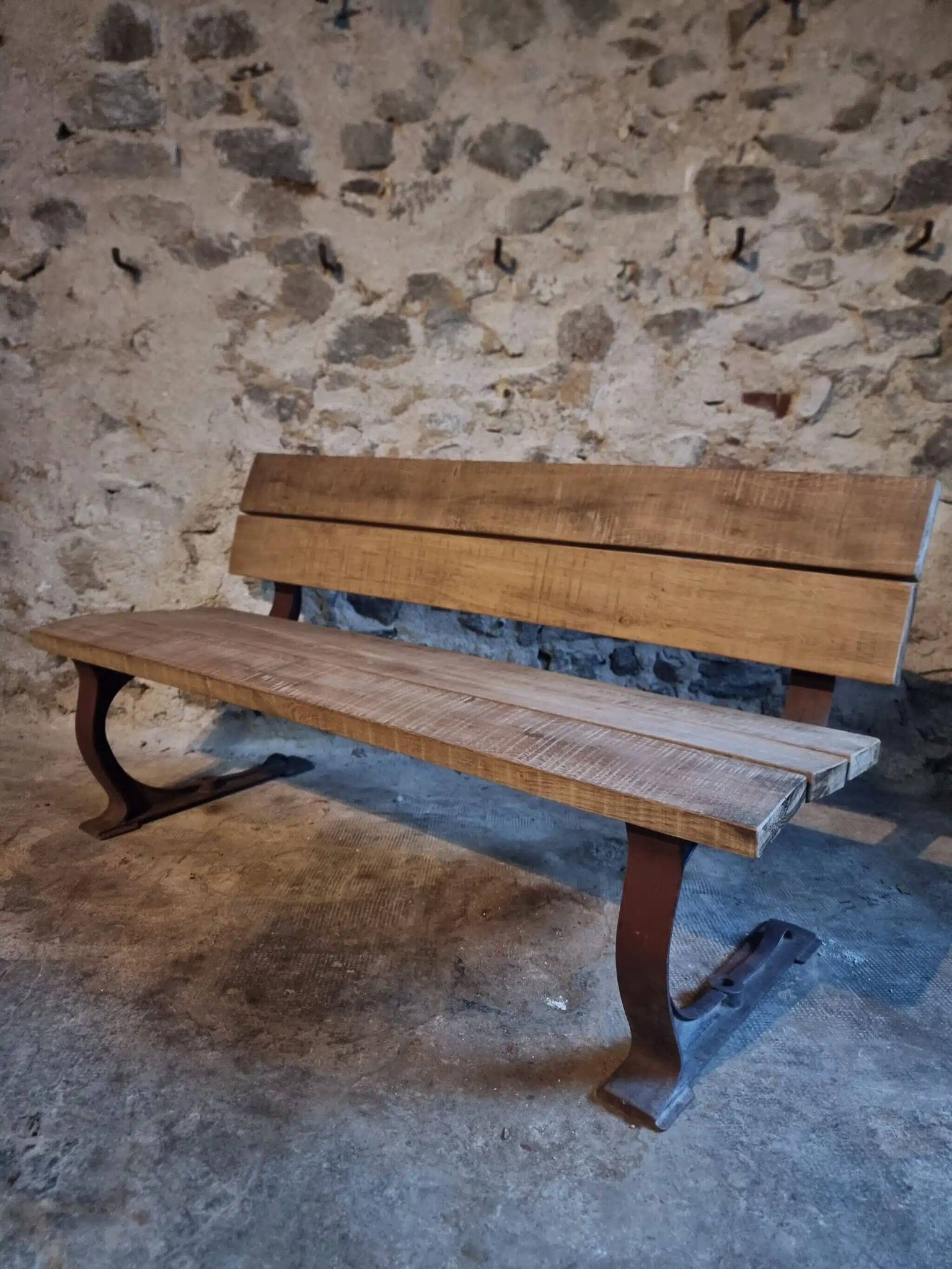Vintage garden bench – oak and cast iron – from the 1960s
