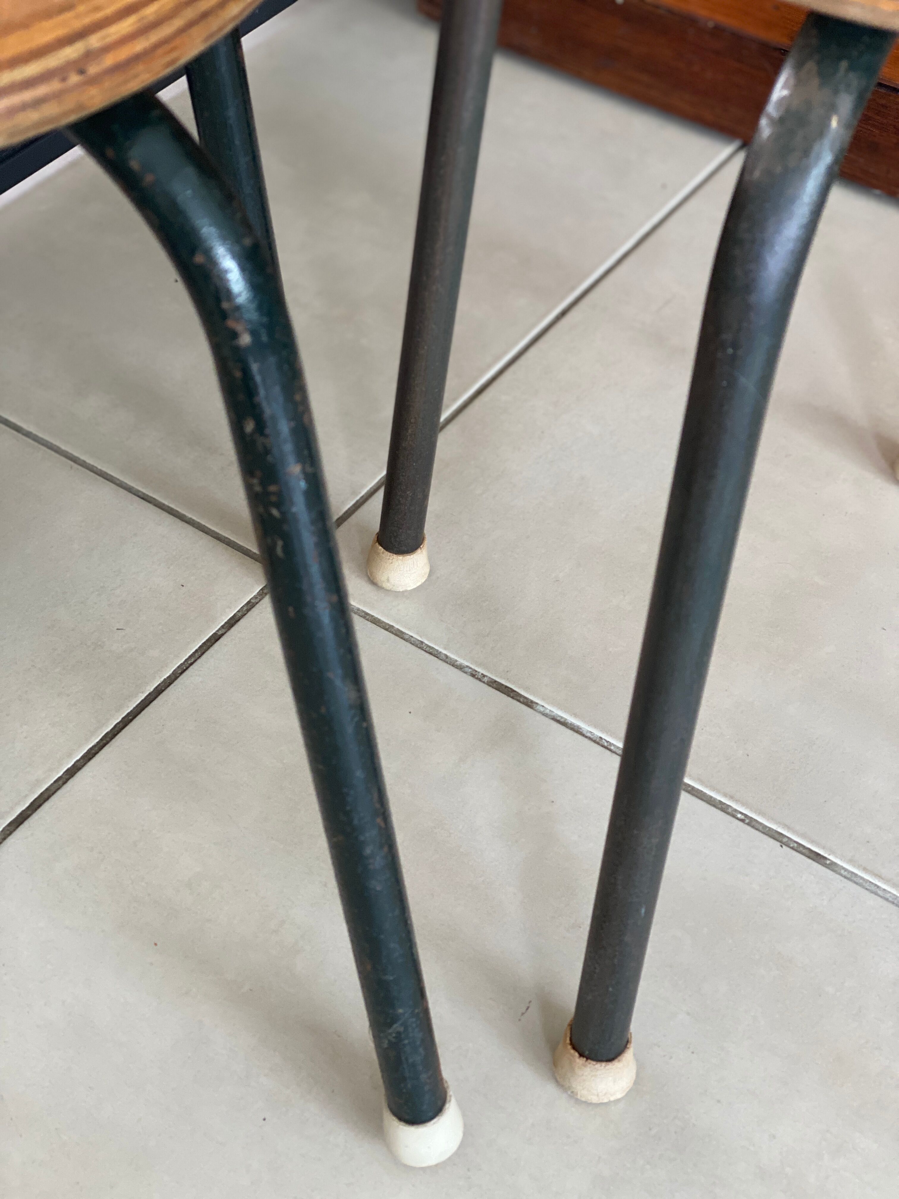 Pair of metal and wood workshop stools