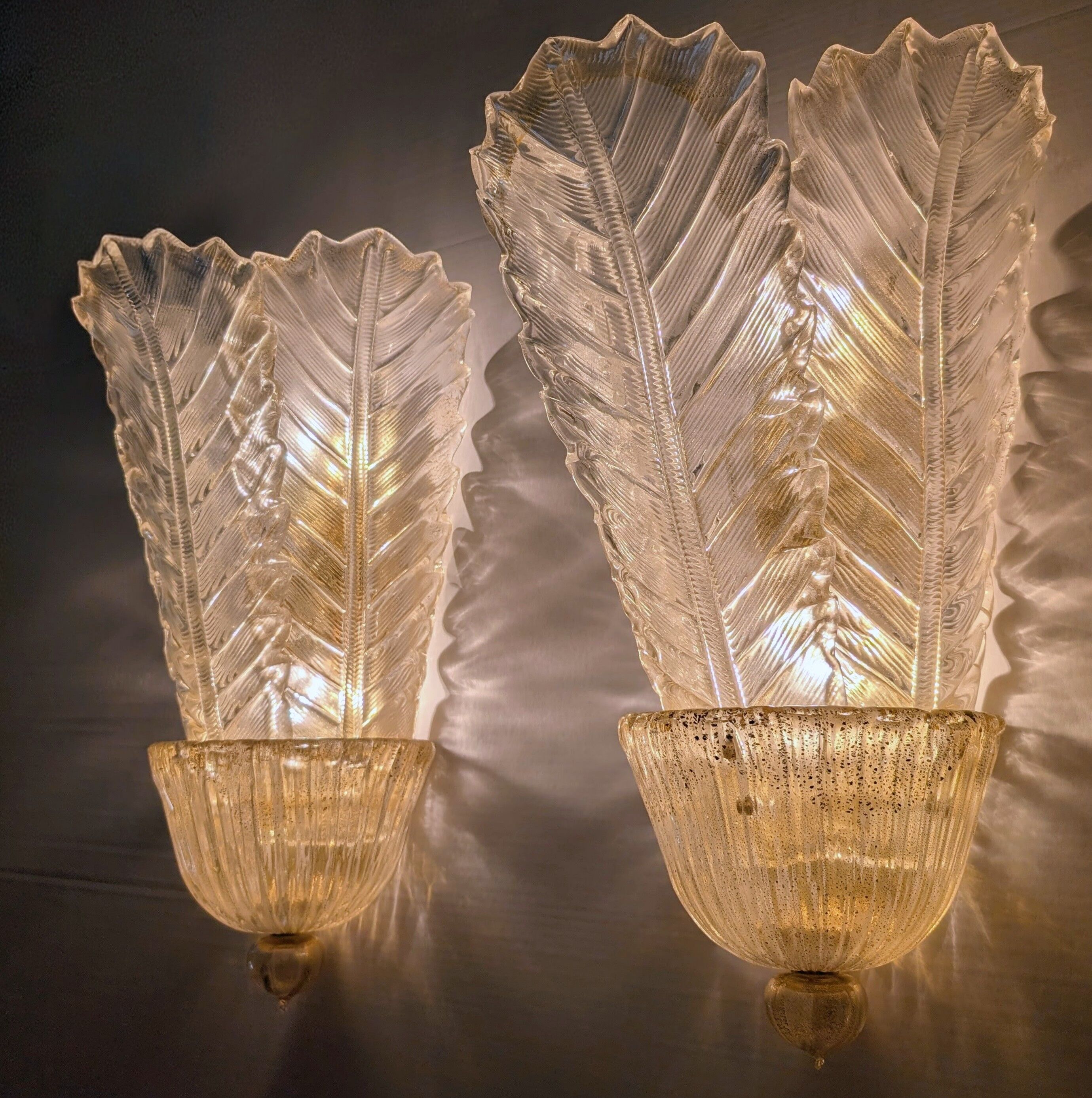Paire de grands appliques murales Barovier & Toso Foglia d’Oro, années 1980.