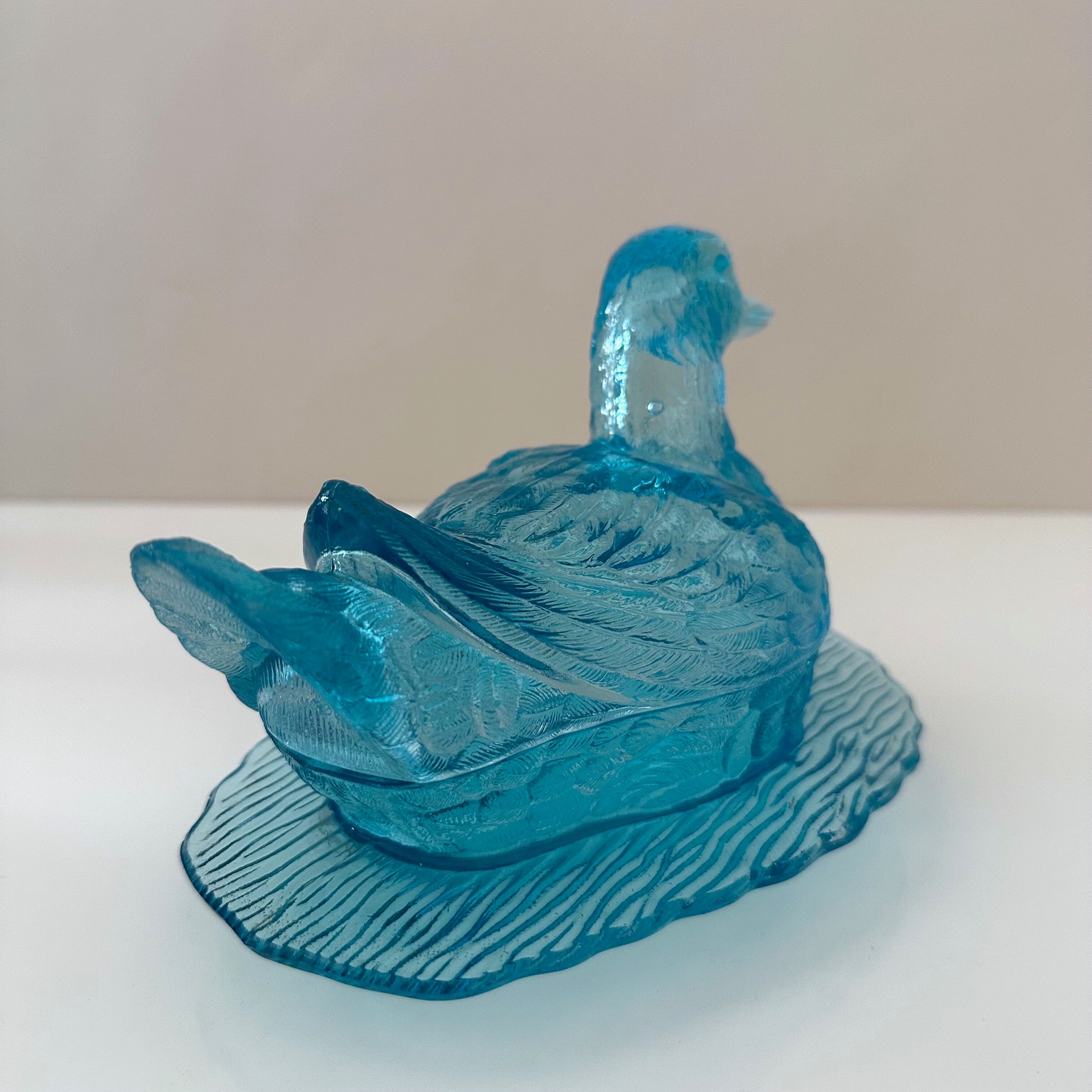 Art Deco glass duck, pressed glass turquoise, butter dish