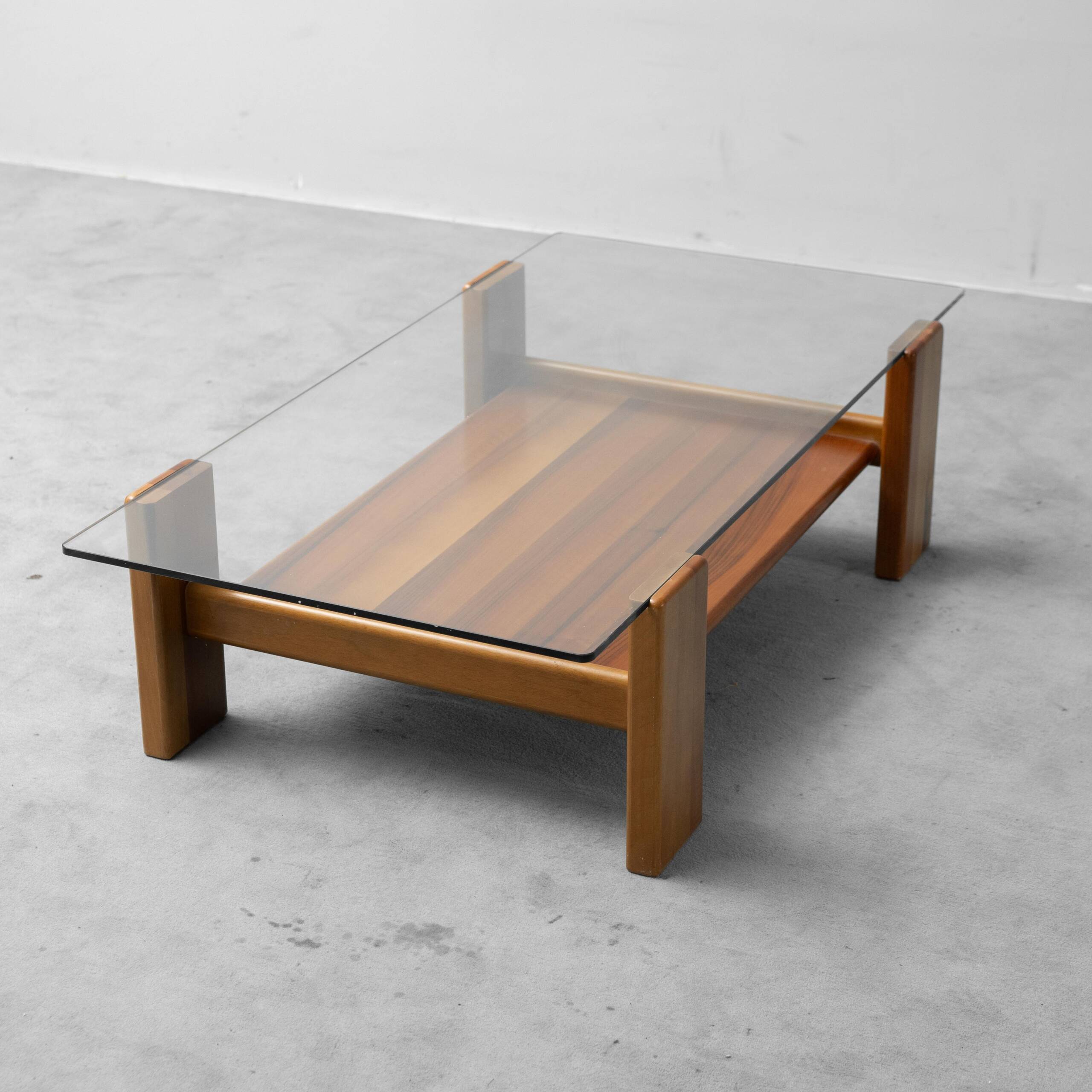 Vintage coffee table in glass and wood, modernist design, 1970s