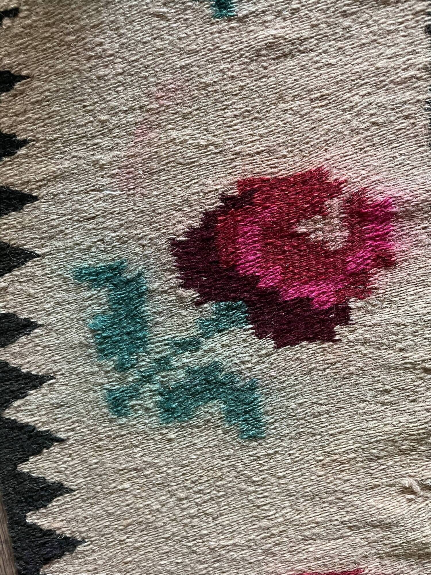 Very Old Romanian floral handwoven carpet made in wool, bohemian design