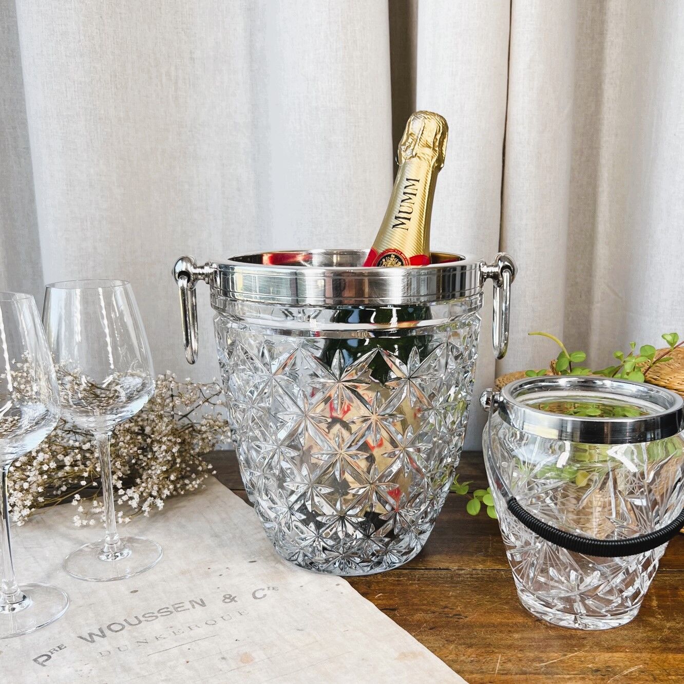 Champagne bucket in cut glass and stainless steel